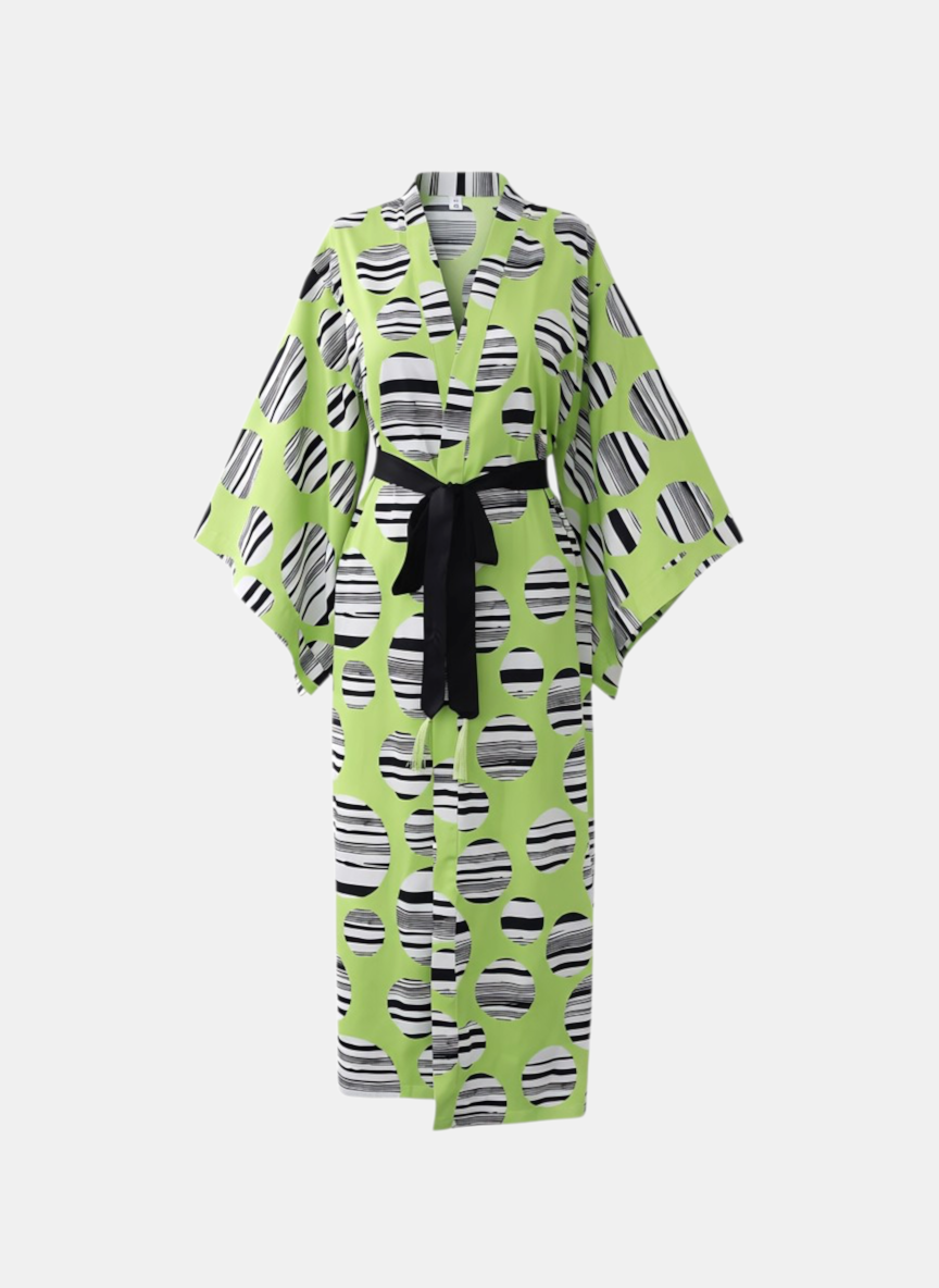 Lime Yeşili Modern Desen Viskon Uzun Kimono | 888 Balance