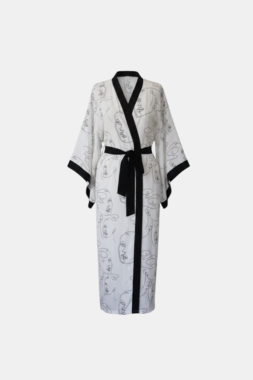 Sürreal Yüz Desenli Beyaz Kadın Kimono | 888Balance