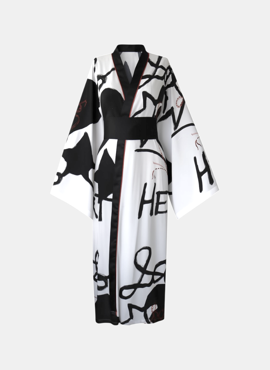 Sanatsal Grafiti Desenli Siyah Biyeli Kadın Kimono | 888Balance