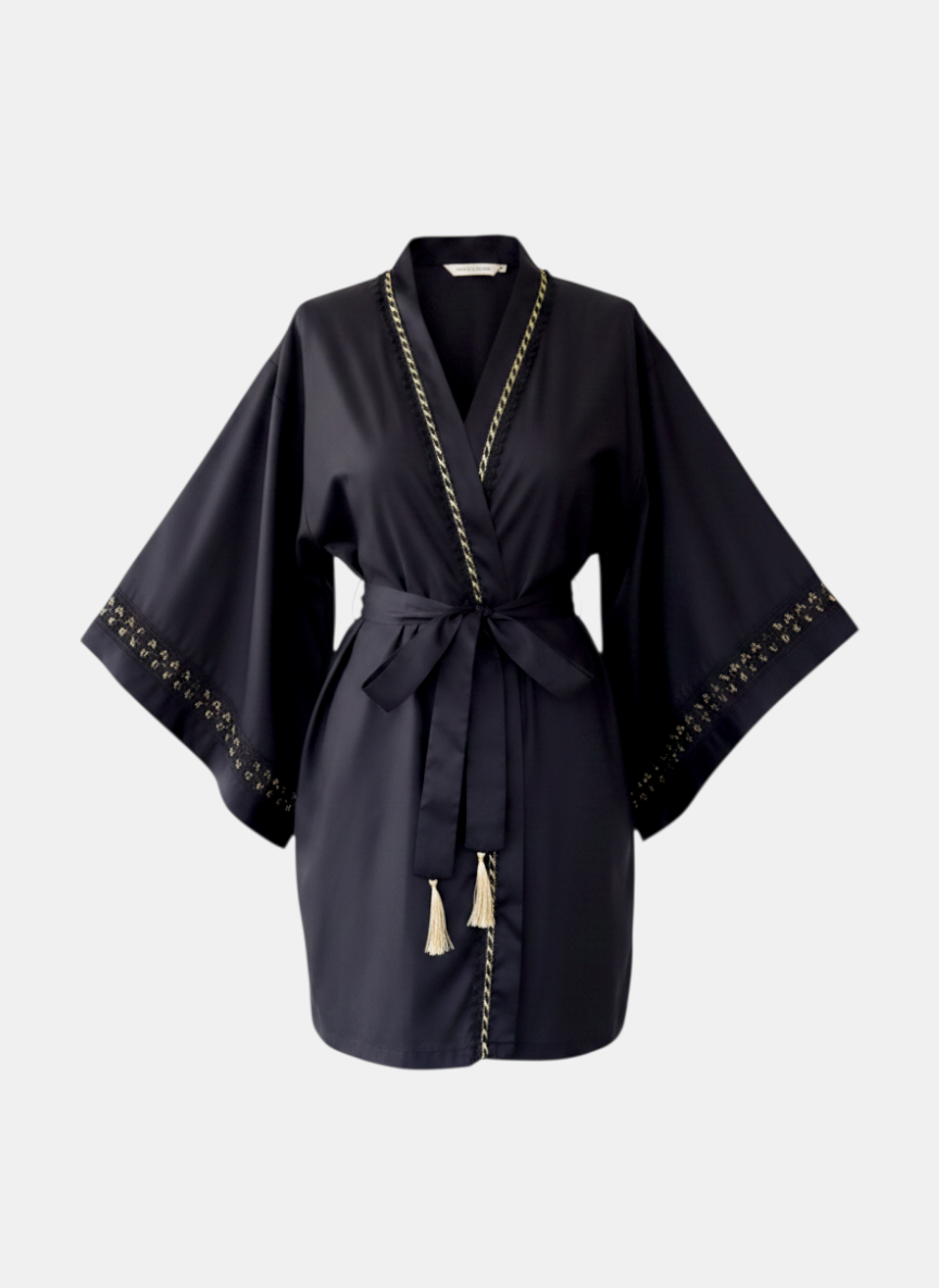 Siyah Altın Detaylı Viskon Kimono | 888Balance