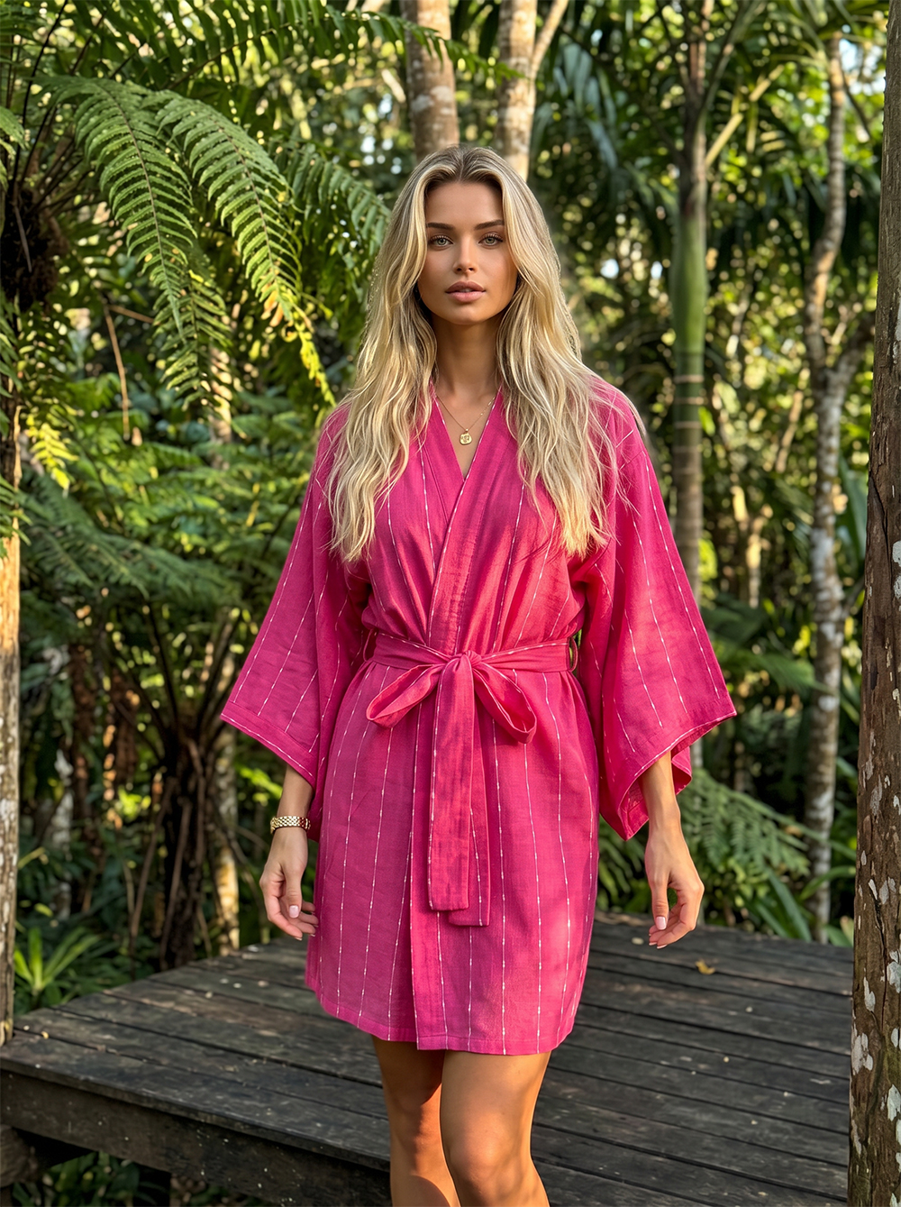 Fuşya Çizgili Keten Kadın Kimono | 888Balance görsel 3