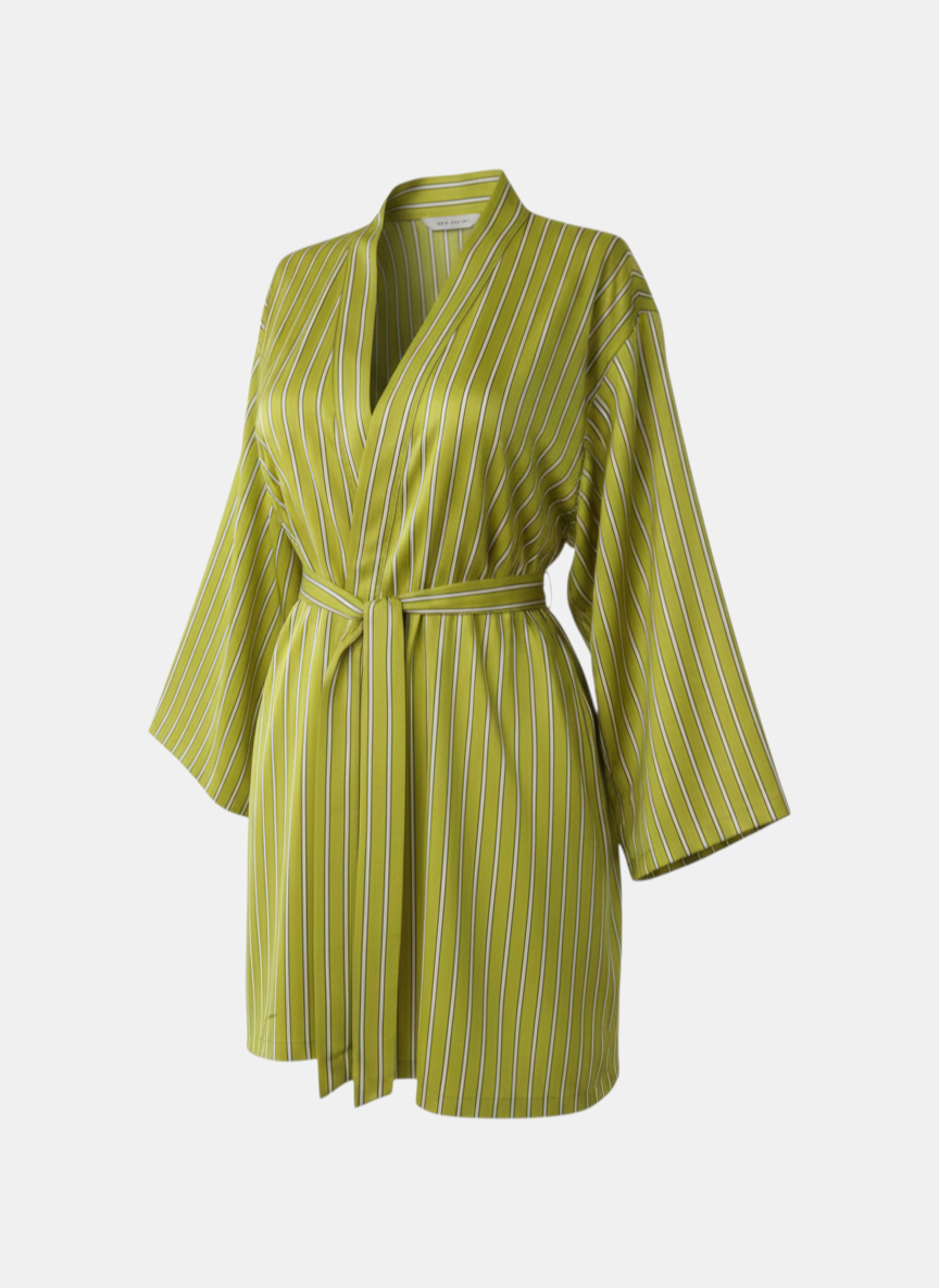 Zeytin Yeşili Çizgili Keten Kadın Kimono | 888Balance görsel 4