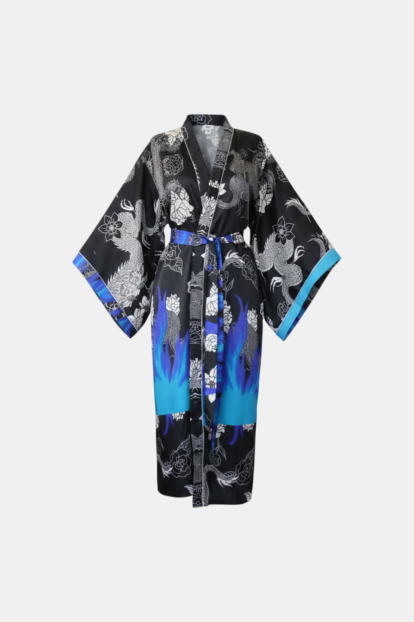 Ejderha Desenli Mavi Alev Detaylı Kadın Kimono | 888Balance görsel 2