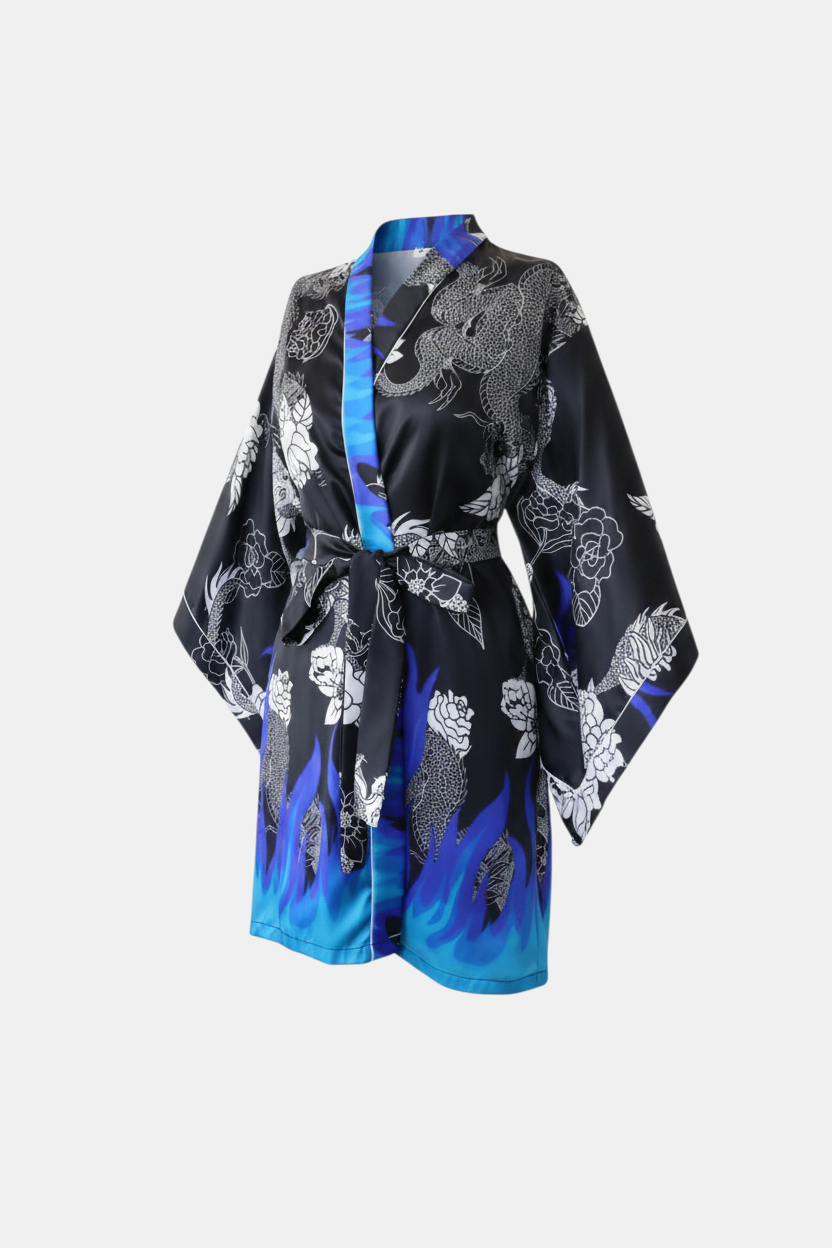Ejderha Desenli Mavi Alev Detaylı Kadın Kimono | 888Balance görsel 4
