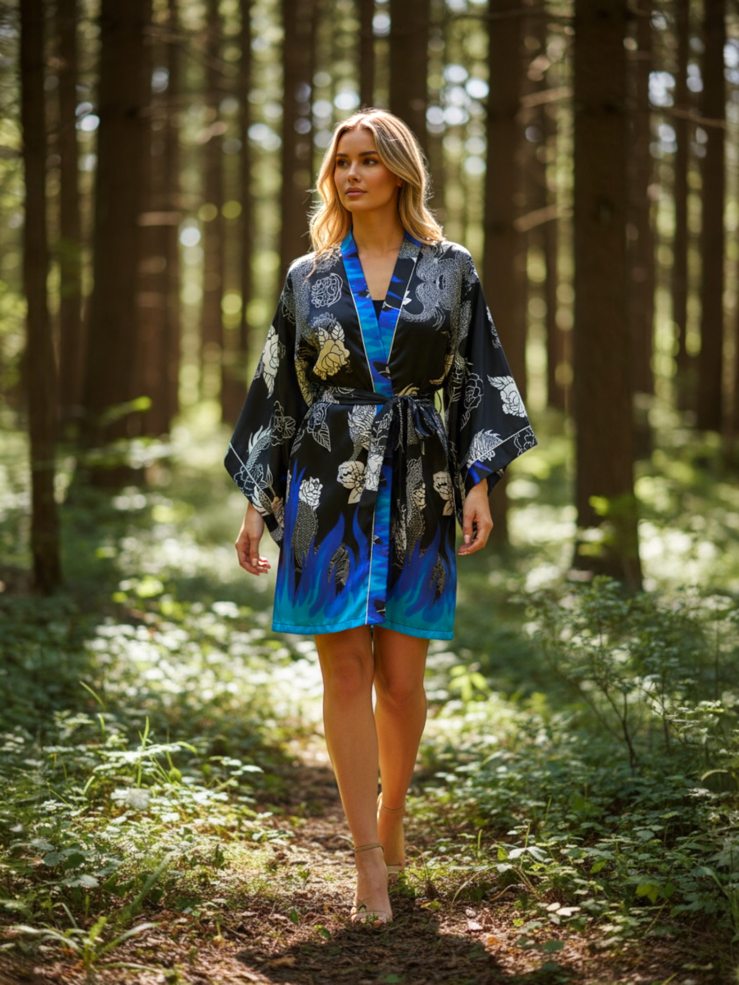 Ejderha Desenli Mavi Alev Detaylı Kadın Kimono | 888Balance görsel 3