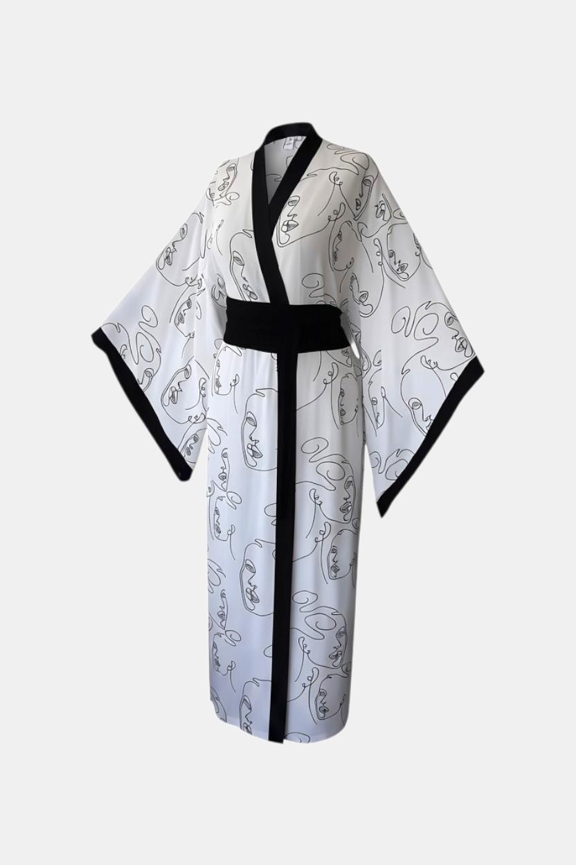 Sürreal Yüz Desenli Beyaz Kadın Kimono | 888Balance görsel 3