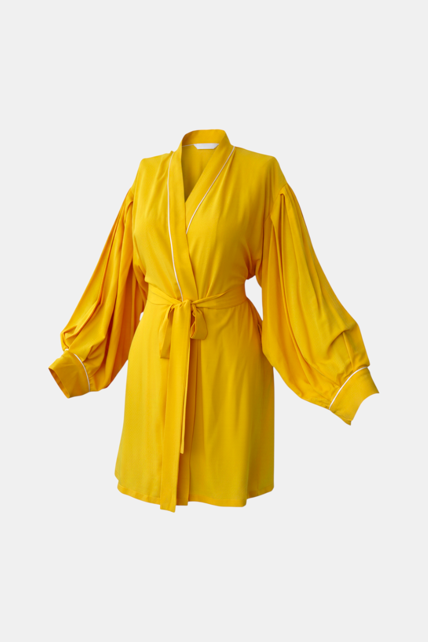 Kalp Broş Detaylı Sarı Viskon Kadın Kimono | 888Balance görsel 2