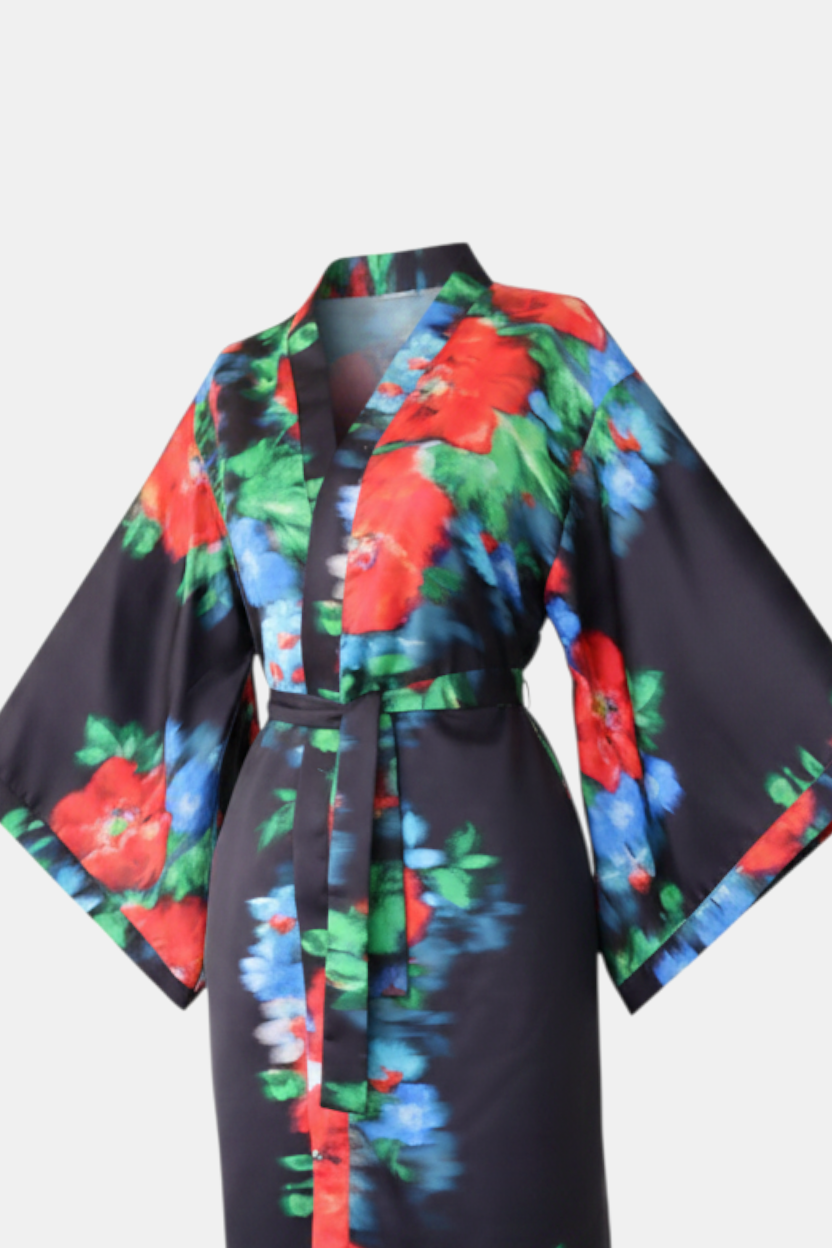 Siyah Üzeri Kırmızı Çiçek Desenli Uzun Kadın Kimono | 888Balance görsel 4
