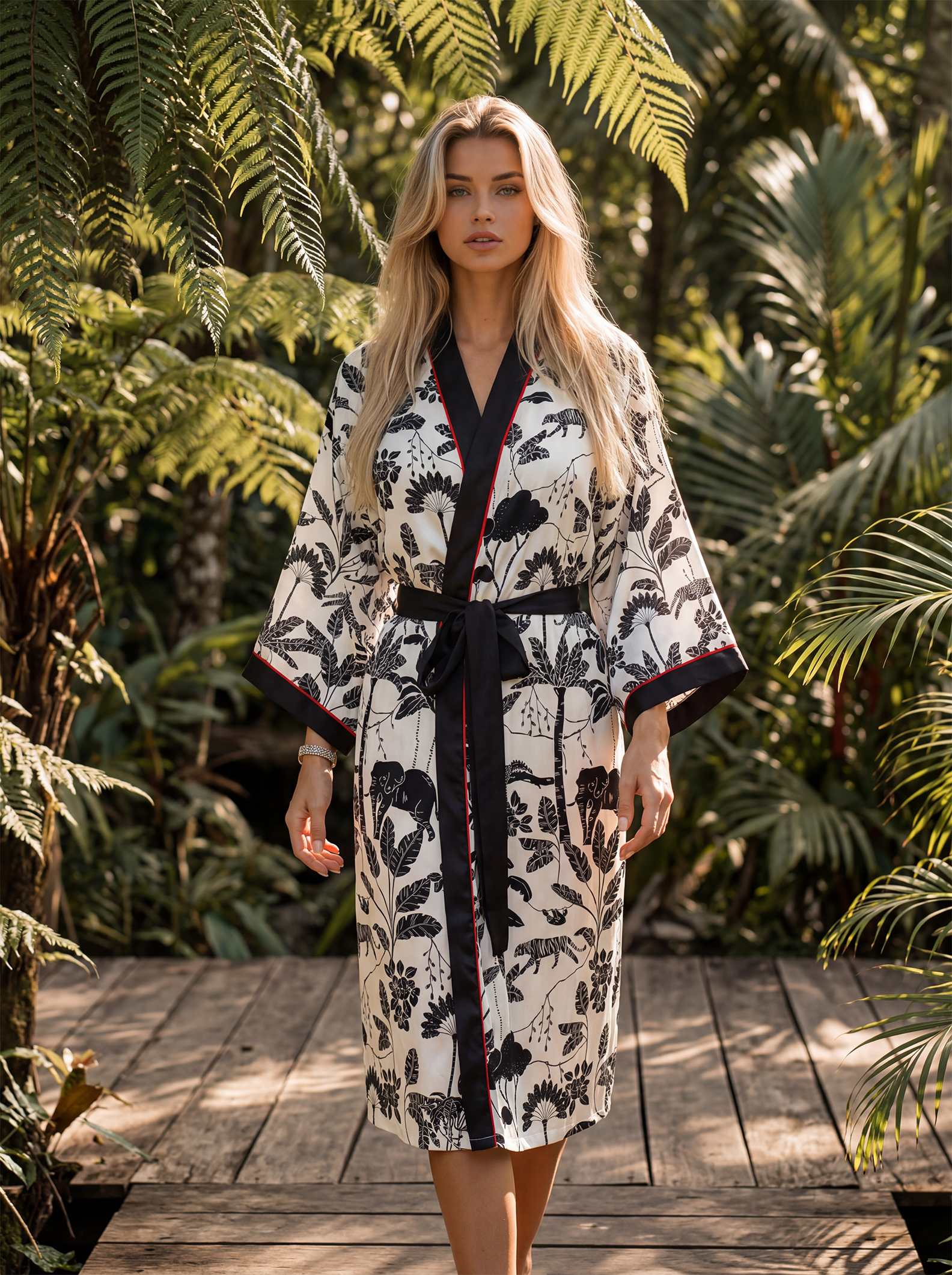 Beyaz Renk Safari Desenli Siyah Biyeli Kadın Kimono | 888Balance görsel 5