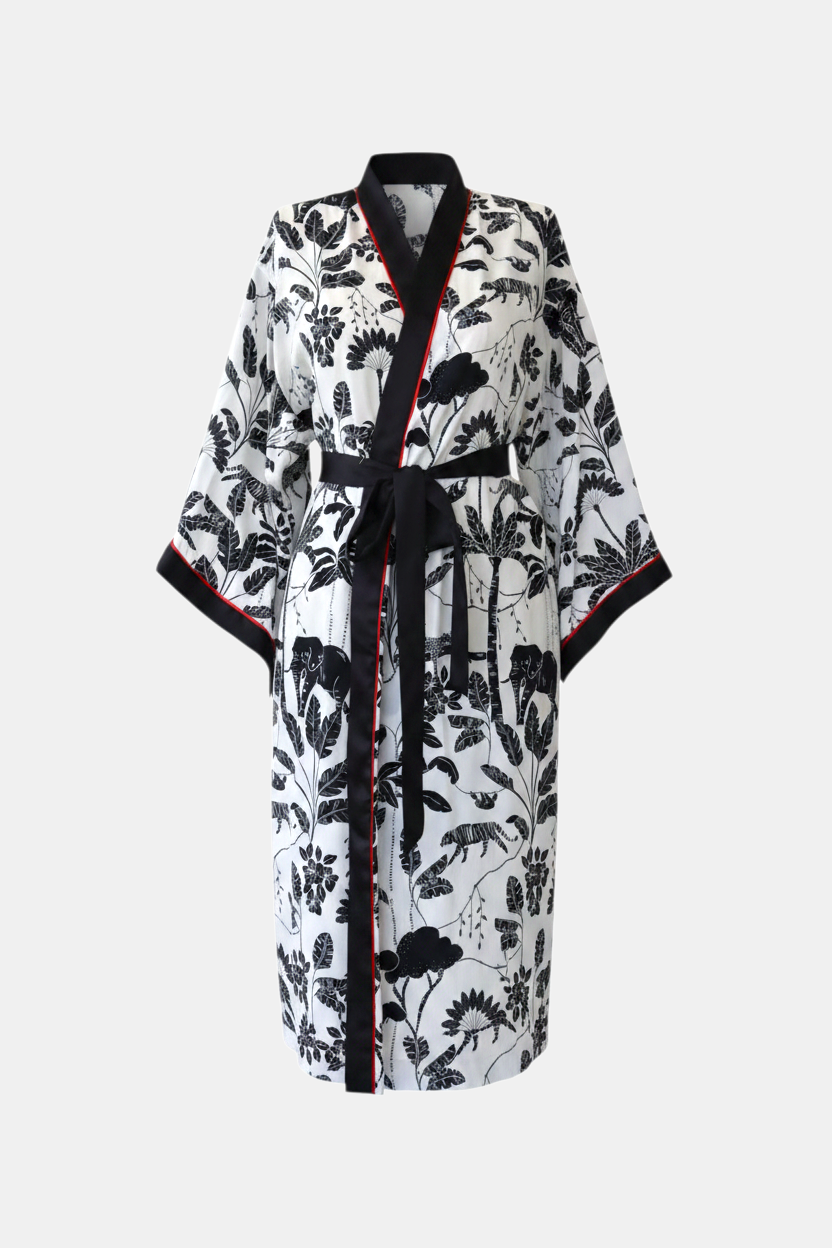 Beyaz Renk Safari Desenli Siyah Biyeli Kadın Kimono | 888Balance görsel 2