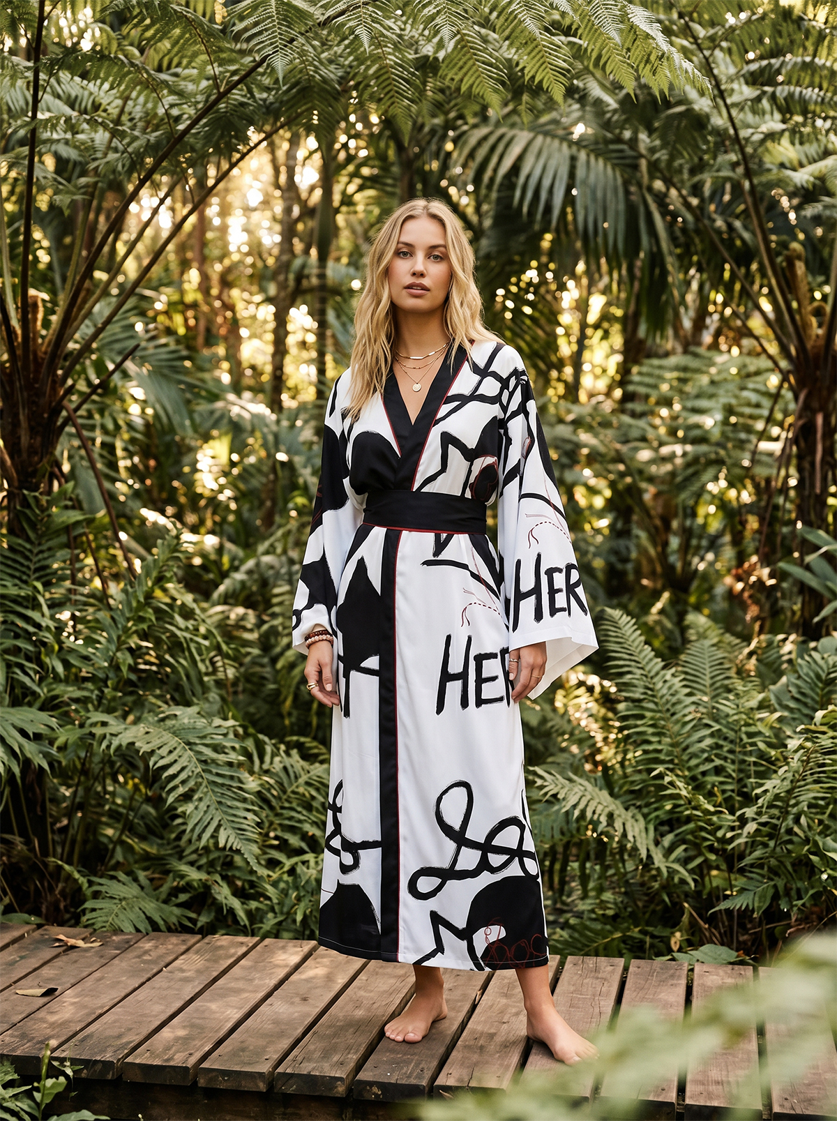Sanatsal Grafiti Desenli Siyah Biyeli Kadın Kimono | 888Balance görsel 2