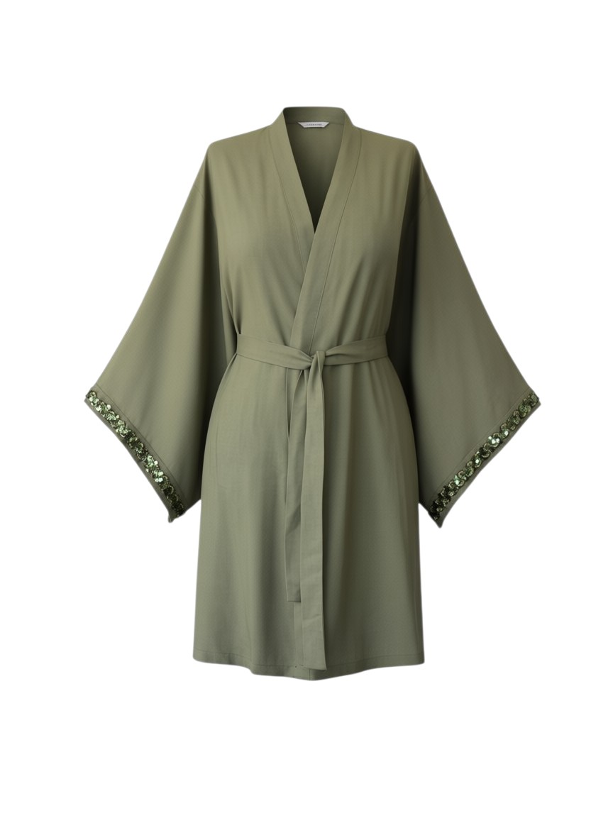 Haki Renkli Payet Detaylı Modern Kimono | 888Balance