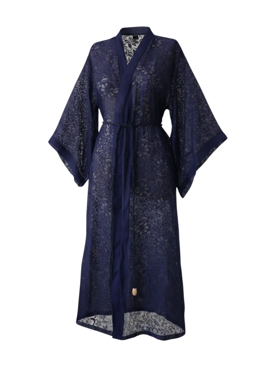 Lacivert Desenli Yakma Tül Kumaş Kimono | 888Balance