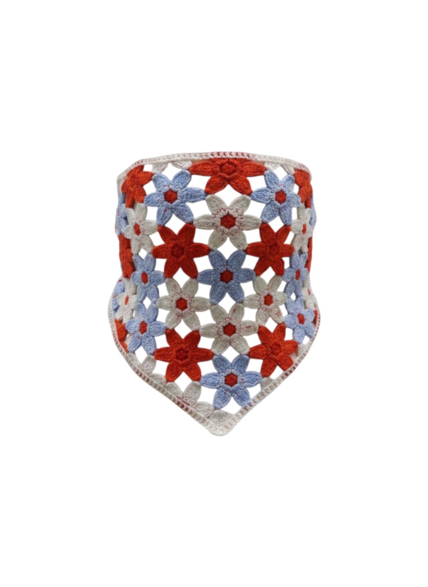 Turuncu-Mavi Çiçek Motifli Crochet Bandana | 888Balance görsel 2